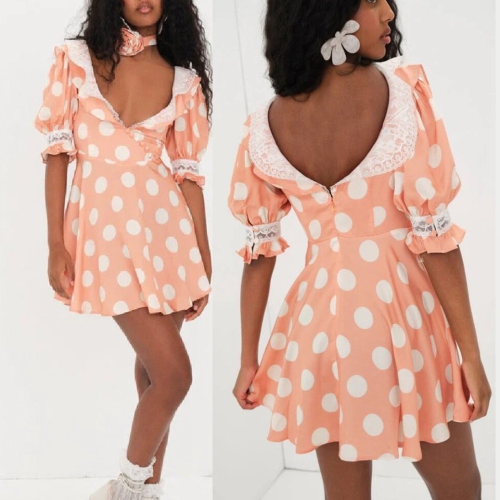 🍑NWT For Love & Lemons Peach Polka Dot Mini Dress with Lace Collar